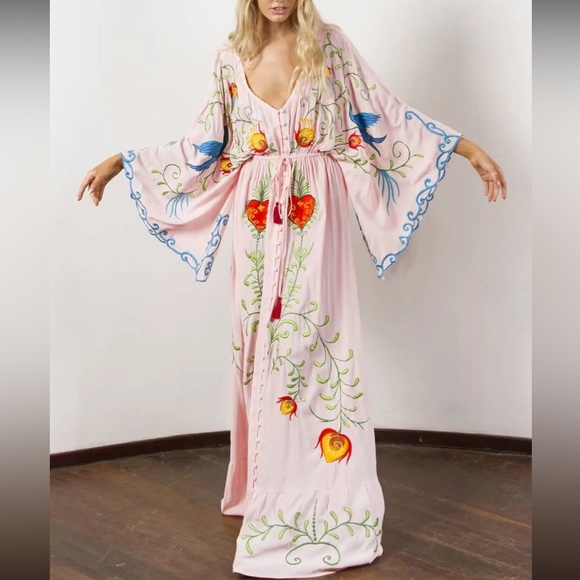 #103 New! 5 STAR Bohemian Kimono Embroidered Maxi Dress - Picture 2 of 7